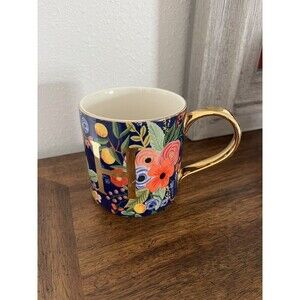 H Initial‎ Name Mug Anthropologie Blue Floral Gold Trim Coffee Cup